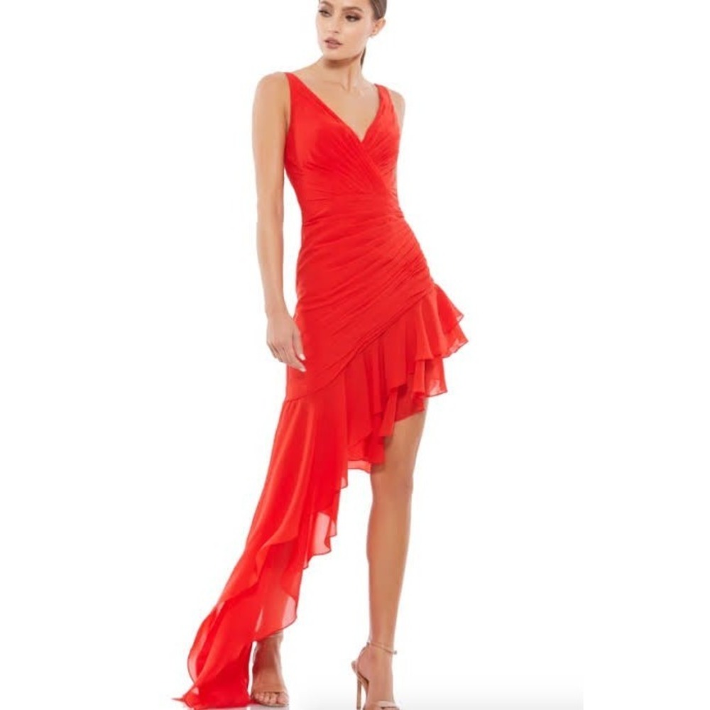 NEW Mac Duggal Red Asymmetrical Ruffled V-Neck Dress, Size 10- Party, MSRP$348